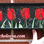 Tulips, mini horizontal. 86 paper tiles. $142. Includes framing. Tax-free. 14″x5″ Very reasonable shipping available.