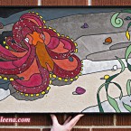 Octopus (medium). 198 paper tiles. $317. Tax-free. Includes framing. 29.5″x18″ Very reasonable shipping available. Recycled and hand-made papers.