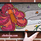 Octopus (small). 129 paper tiles. $213. Tax-free. Includes framing. 18″x10″ Very reasonable shipping available. Recycled and hand-made papers.