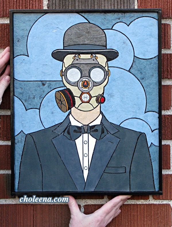 Man in a Gas Mask (small). $202. Tax-free. Includes framing. 13.5″x17″ 121 paper tiles. Very reasonable shipping available (free delivery in Ottawa). Recycled and hand-made papers.