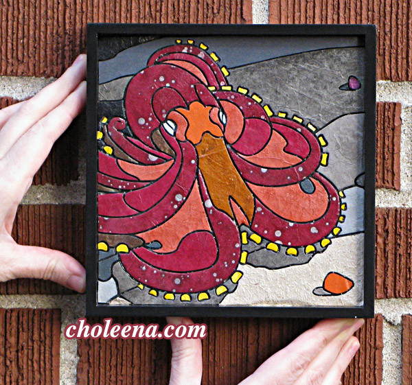 Octopus (mini). 97 paper tiles. $156. Tax-free. Includes framing. 7.5″x7.5″ Very reasonable shipping available. Recycled and hand-made papers.