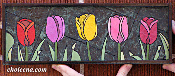 Multi-coloured Tulips, mini. 86 paper tiles. $142. Includes framing. Tax-free. 14″x5″