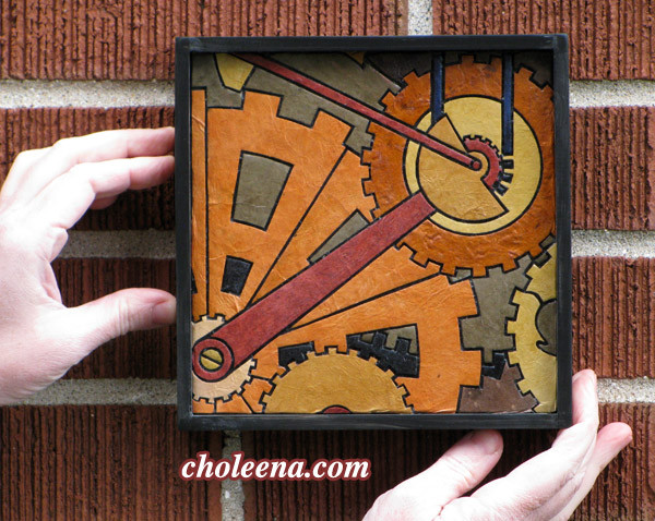 Gears, mini detail 2. 58 paper tiles. $105. Includes framing. Tax-free. 7.5″x7.5″ Very reasonable shipping available.