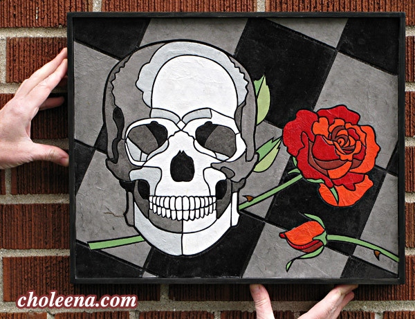 Skull and Rose, small. 143 paper tiles. $231. Includes framing. Tax-free. 17″x13.5″ Very reasonable shipping available.